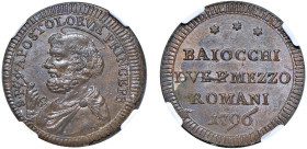 PIO VI, Giovanni Angelo Braschi (1775 - 1799) - Sampietrino da 2 e 1/2 baiocchi, 1796, Roma
Rame - 15,20 gr.
Dritto: Busto dell'apostolo Pietro a si...