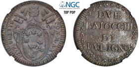 PIO VI, Giovanni Angelo Braschi (1775-1799) - 2 Baiocchi 1796, an. XXI, Foligno
Rame - n.d.
Dritto: Stemma ovale in cornice, cimasa a volute, sormon...