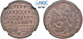 PIO VI, Giovanni Angelo Braschi (1775 - 1799) - 1/2 baiocco 1796, Bologna
Rame - 5,33 gr.
Dritto: Iscrizione in 5 righe. - Rovescio: Leone rampante ...