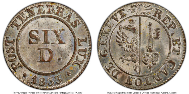 Geneva. Canton 6 Deniers 1833 MS66+ PCGS, KM118. Facing up with an abundance of ...