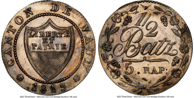 Vaud. Canton 1/2 Batzen 1813 MS65 NGC, KM6. Lovely luminosity to the entirely Ge...