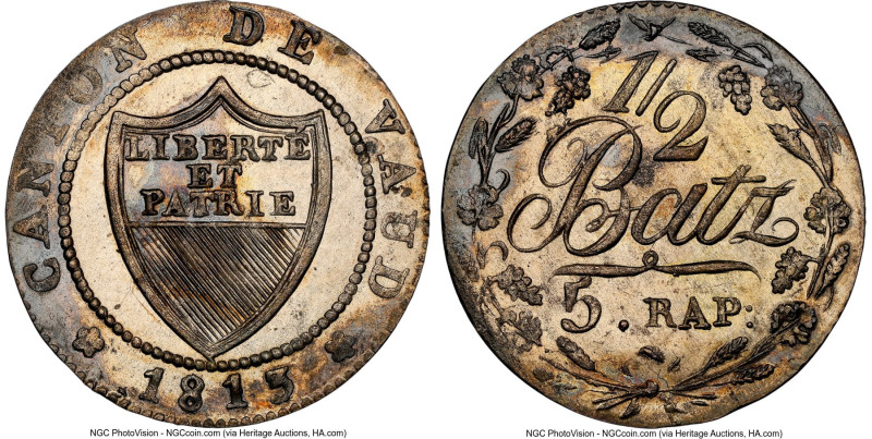 Vaud. Canton 1/2 Batzen 1813 MS65 NGC, KM6. A shimmering Gem with pleasing eye-a...