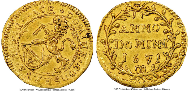 Zurich. Canton gold 1/2 Ducat 1671 AU58 NGC, KM99, Fr-467. A pretty treasure fea...