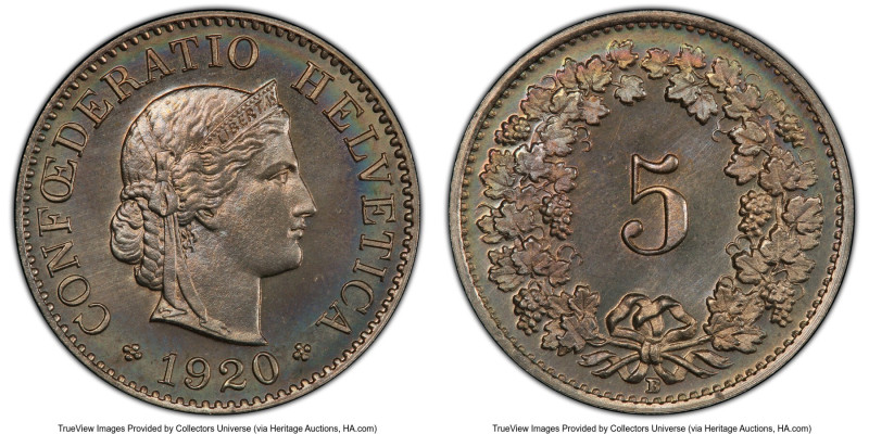 Confederation Specimen 5 Rappen 1920-B SP67 PCGS, Bern mint, KM26. Currently the...