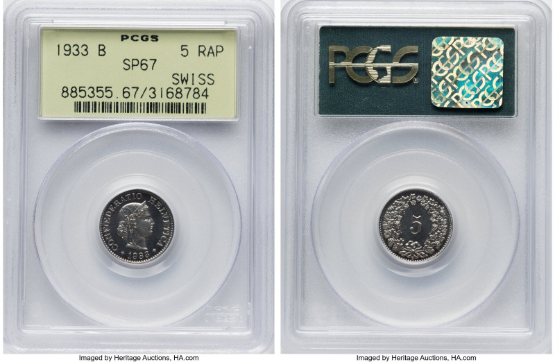 Confederation Specimen 5 Rappen 1933-B SP67 PCGS, Bern mint, KM26b. A lovely and...