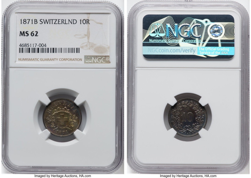 Confederation 10 Rappen 1871-B MS62 NGC, Bern mint, KM6. Hosting fleeting touche...