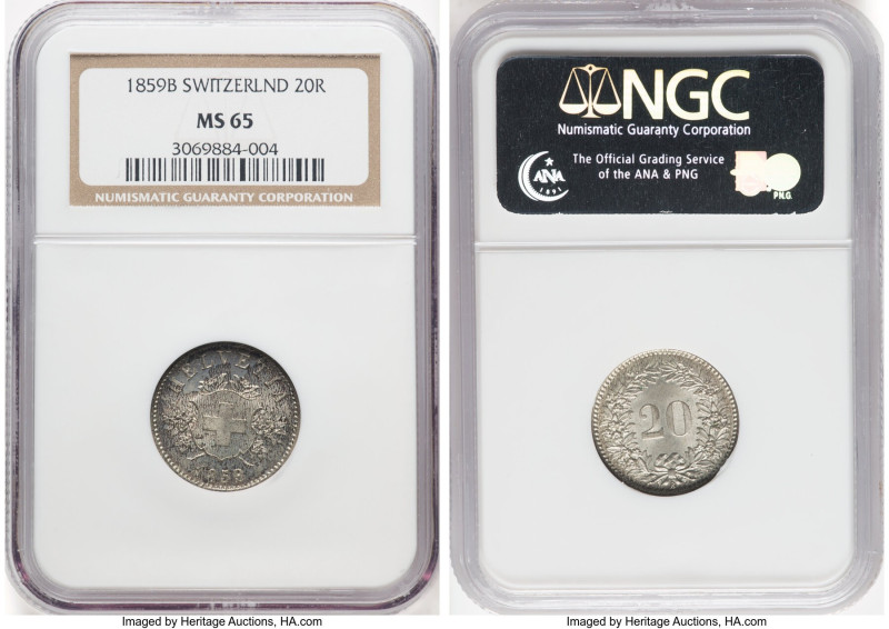 Confederation 20 Rappen 1859-B MS65 NGC, Bern mint, KM7. A remarkable Gem surviv...