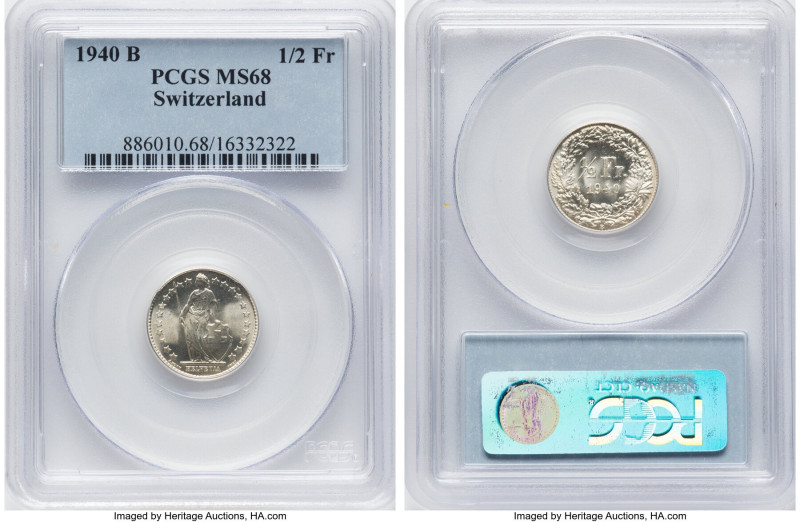 Confederation 1/2 Franc 1940-B MS68 PCGS, Bern mint, KM23. HID09801242017 © 2024...