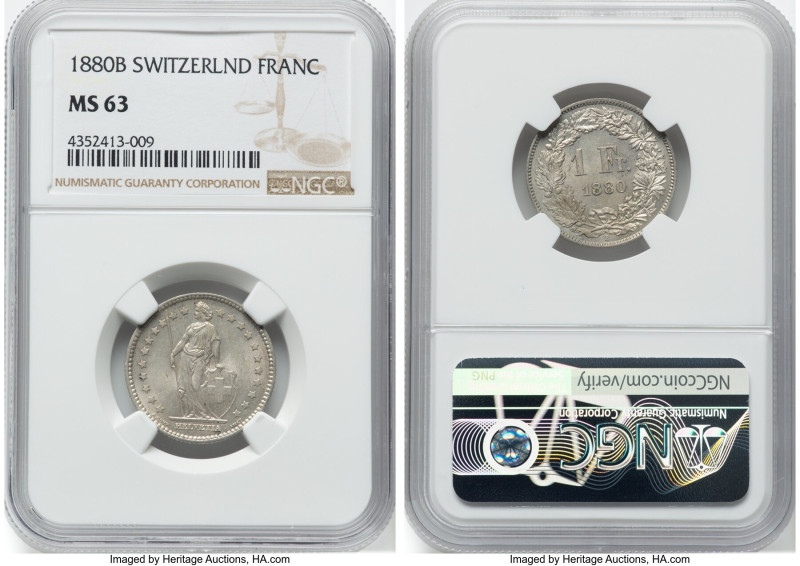 Confederation Franc 1880-B MS63 NGC, Bern mint, KM24. A better date in this seri...