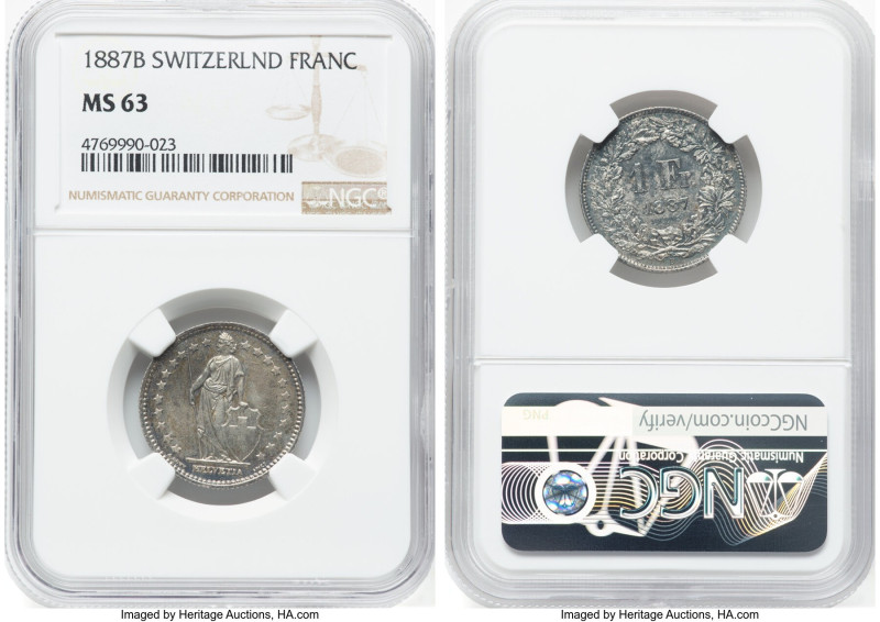 Confederation Franc 1887-B MS63 NGC, Bern mint, KM24. A fully Choice piece with ...