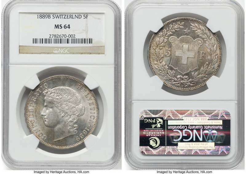 Confederation 5 Francs 1889-B MS64 NGC, Bern mint, KM34. An attractively lustrou...