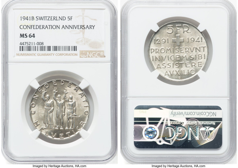 Confederation silver Pair of Certified 5 Francs, 1) 5 Francs 1941-B - MS64 NGC, ...