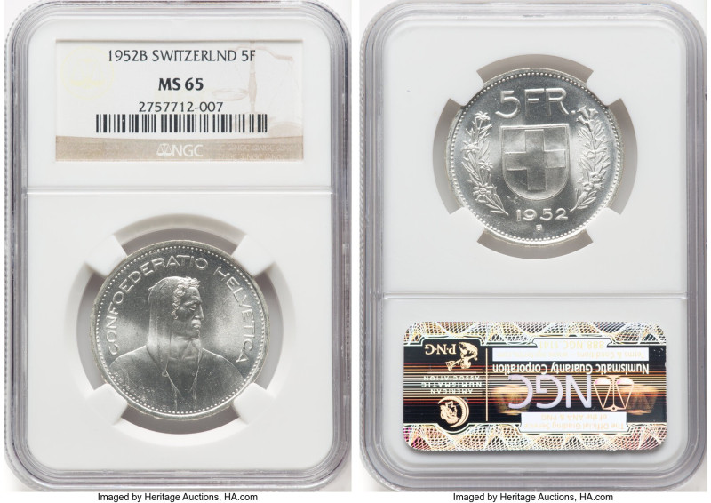 Confederation 5 Francs 1952-B MS65 NGC, Bern mint, KM40. HID09801242017 © 2024 H...