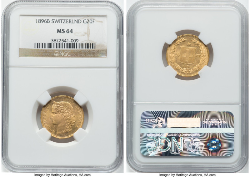 Confederation gold 20 Francs 1896-B MS64 NGC, Bern mint, KM31.3, Fr-495. Last da...