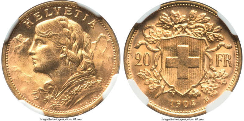 Confederation gold 20 Francs 1904-B MS67 NGC, Bern mint, KM35.1. A stunning surv...