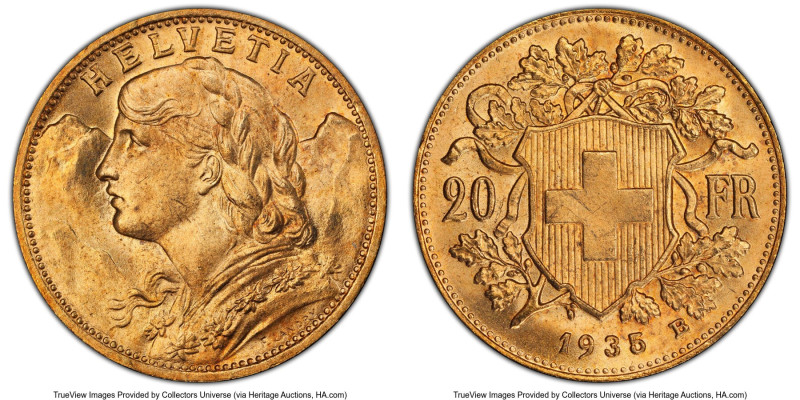 Confederation gold 20 Francs 1935-B MS65 PCGS, Bern mint, KM35.1. The original 1...