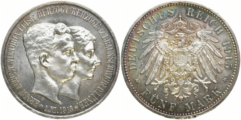 REICHSSILBERMÜNZEN BRAUNSCHWEIG
Ernst August, 1913-1918. 5 Mark 1915. Mit "Lüne...