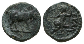 CAPPADOCIA, Tyana (Circa 1st century BC) AE Bronze 
Obv: Bull standing right.
Rev: TVANЄωN. Zeus seated left on throne, holding sceptre and patera. ...