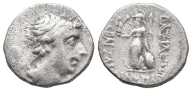 KINGDOM OF CAPPADOCIA
Ariarathes VI Epiphanes Philopator, 130 - 116 BC BC
Drachma, mint "C". Rev. Standing Athena, in field A, year 13.


Weight:...