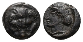 Bruttium, Rhegion. Ae, 1.84 g 12.12 mm. Circa 415/0-387 BC. 
Obv: Facing lion's scalp. 
Rev: Laureate head of Apollo left. 
Ref:HNItaly 2527; SNG ANS ...