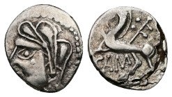 Western Europe, Central Gaul. Bituriges Cubi. AR Quinarius, 0.86 g 15.02 mm. 1st century BC.
Obv: Head left.
Rev: CAM. Horse prancing left; branch abo...