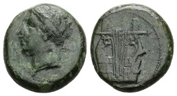 Sicily. Adranon. Litra Ae, 8.17 g 20.20 mm. Circa 339-317 BC.
Obv: Laureate head of Apollo left 
Rev: Kithara.
Ref:Campana 6; CNS 1; HGC 2, 37.
Fine