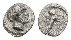 Sicily, Himera(?) AR Litra, 0.50 g 8.95 mm. Circa 425-409 BC. 
Obv: Female head to right 
Rev: Nike flying to right holding wreath. 
Ref: Cf. Bertolam...