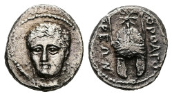 Thrace, Orthagoreia. AR Hemidrachm, 2.30 g 14.51 mm. Circa 350 BC. 
Obv: Head of Artemis facing slightly to left; quiver over shoulder 
Rev: Macedonia...