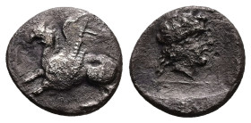 Thrace, Abdera. AR Tetrobol, 2.03 g 14.90 mm. Circa 336-311 BC. 
Obv: Griffin springing to left. 
Rev: Laureate head of Apollo to right.
Ref: May 544 ...