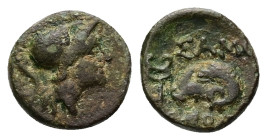 Thrace, Samothrace. Ae, 1.52 g 11.67 mm. 3rd-2nd centuries BC. Theod-, magistrate.
Obv: Helmeted head of Athena right.
Rev: ΣΑΜΟ / [ΘE]O[Δ]. Head of r...