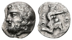Thrace, Thasos. AR Drachm, 3.45 g 17.10 mm. Circa 404-355 BC.
Obv: Head of Dionysos left, wearing ivy wreath.
Rev: ΘΑΣ / Ι / OΝ. Herakles kneeling rig...