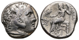 Kings of Macedon, Alexander III 'the Great'. AR Tetradrachm, 11.96 g 24.89 mm. 336-323 BC. Miletos.
Obv: Head of Herakles right, wearing lion skin.
Re...