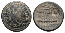 Kings of Macedon, Alexander III 'the Great', Ae, 5.23 g 19.78 mm. 336-323 BC. Uncertain mint in Western Asia Minor.
Obv: Head of Herakles right, weari...