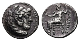 Kings of Macedon, Philip III Arrhidaios. AR Hemidrachm, 1.75 g 12.65 mm. 323-317 BC. Susa.
Obv: Head of Herakles right, wearing lion skin.
Rev: ΦIΛIΠΠ...