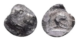 Asia Minor, Uncertain. AR Tetartemorion, 0.14 g 6.27 mm. 5th century BC.
Obv:Bull head? Right.
Rev: Helmet incuse square.
Ref:Unpublished standart ref...