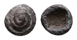 Asia Minor, Uncertain mint(probably Caria). AR Hemiobol, 0.21 g 6.03 mm. 6th century BC.
Obv: Spiral pattern.(human eye).
Rev: Quadripartite incuse sq...