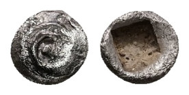 Asia Minor, Uncertain mint(probably Caria). AR Hemiobol, 0.23 g 5.77 mm. 6th century BC.
Obv: Spiral pattern.(human eye).
Rev: Quadripartite incuse sq...