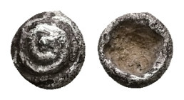 Asia Minor, Uncertain mint(probably Caria). AR Hemiobol, 0.25 g 5.45 mm. 6th century BC.
Obv: Spiral pattern.(human eye).
Rev: Quadripartite incuse sq...