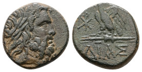 Bithynia, Dia. Ae, 7.18 g 19.73 mm. (Circa 95-90 or 80-70 BC). Struck under Mithradates VI Eupator.
Obv: Laureate head of Zeus right.
Rev: ΔΙΑΣ. Eagle...