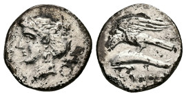 Paphlagonia, Sinope. AR Drachm, 4.97 g 18.73 mm. Circa 330-300 BC. Unclear magistrate name.
Obv: Head of nymph left, with hair in sakkos; aphlaston to...