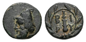 Troas, Birytis. Ae, 1.31 g 11.57 mm. Circa 350-300 BC.
Obv: Bearded head of Kabeiros left, wearing pilos.
Rev: B-I / P-Y, Club within wreath.
Ref: Kle...