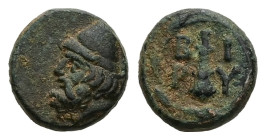 Troas, Birytis. AE, 1.37 g 10.61 mm. Circa 350-300 BC.
Obv: Bearded head of Kabeiros left, wearing pilos.
Rev: B-I / P-Y, Club within wreath.
Ref: Kle...