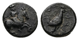 Troas, Dardanos. Ae, 1.37 g 10.75 mm. 4th-3rd centuries BC.
Obv: Rider on horse trotting right.
Rev: ΔΑ. Cock standing right.
Ref: SNG Cop. 292.
Fine...