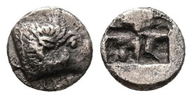 Troas, Kebren. AR Diobol, 1.00 g 9.50 mm. 5th century BC.
Obv: [KEBREN], Head of ram right.
Rev:Quadripartite incuse square.
Ref: SNG Arikantürk 378-8...