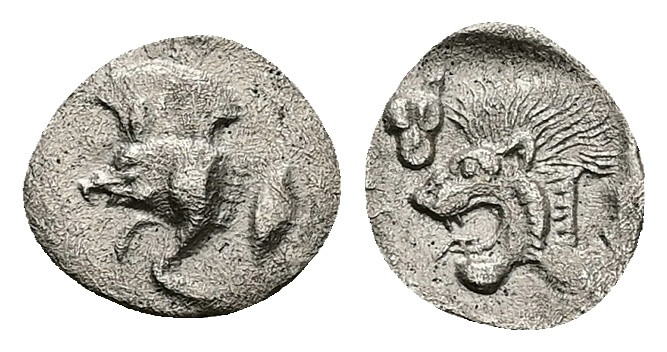 Mysia, Kyzikos. AR Hemiobol. 0.25 g 10.34 mm. Circa 450-400 BC.
Obv: Forepart of...