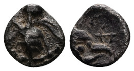 Ionia, Ephesos. AR Tetartemorion, 0.20 g 6.20 mm. Circa 500-420 BC.
Obv: Bee with slightly curved wings; annulet to left and right
Rev: [Ε Φ], Head of...