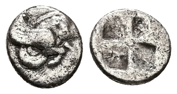 Ionia, Klazomenai. AR Diobol. 1.01 g. 10.51 mm. Circa 480-400 BC.
Obv: Forepart ...