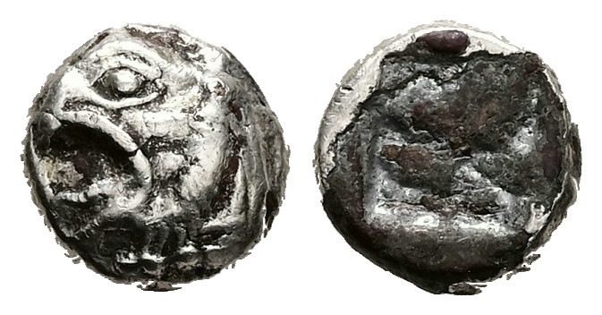 Ionia, Phokaia. AR Fourrèe Diobol, 1.34 g 9.64 mm. Circa 525-500 BC.
Obv: Head o...