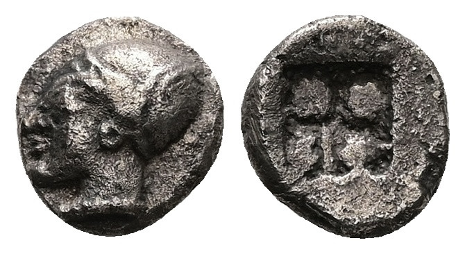 Ionia, Phokaia. AR Diobol, 1.22 g 10.15 mm. Circa 521-478 BC.
Obv: Archaic femal...