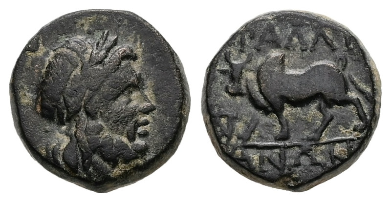 Lydia, Tralleis. Ae, 3.87 g 14.20 mm. 2nd-1st centuries BC.
Obv: Laureate head o...